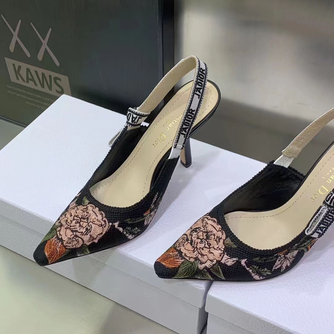Dior Women Shoes J’Adior Slingback Pump Black Multicolor Cotton Jardin Botanique Embroidery