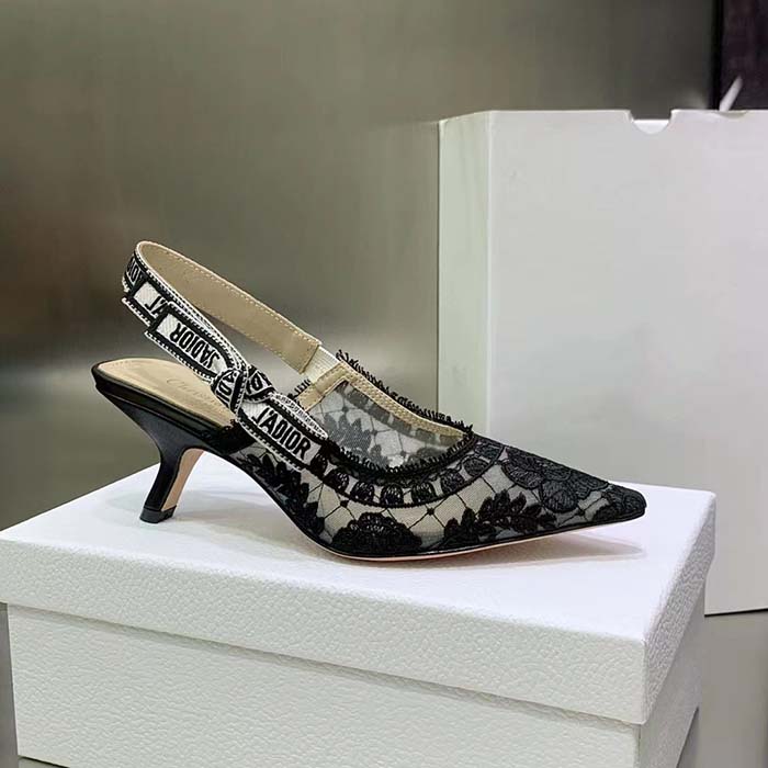 Dior Women Shoes J’Adior Slingback Pump Black Transparent Mesh Embroidered Roses