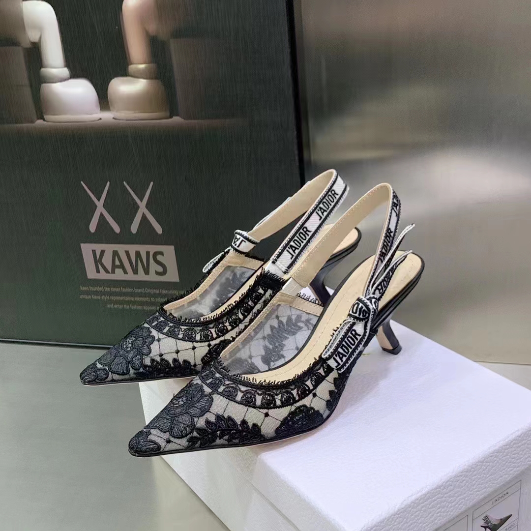 Dior Women Shoes J’Adior Slingback Pump Black Transparent Mesh Embroidered Roses