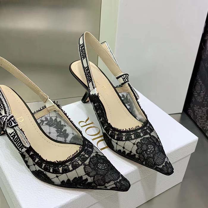 Dior Women Shoes J’Adior Slingback Pump Black Transparent Mesh Embroidered Roses