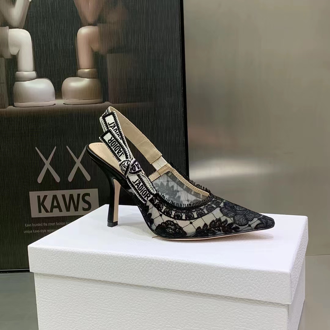 Dior Women Shoes J’Adior Slingback Pump Black Transparent Mesh Embroidered Roses Motif