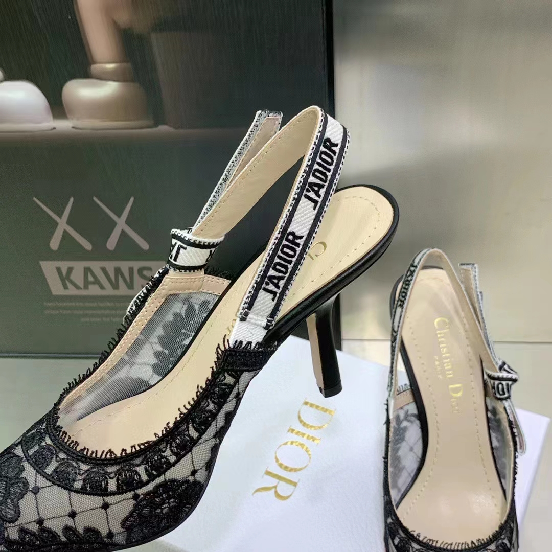 Dior Women Shoes J’Adior Slingback Pump Black Transparent Mesh Embroidered Roses Motif