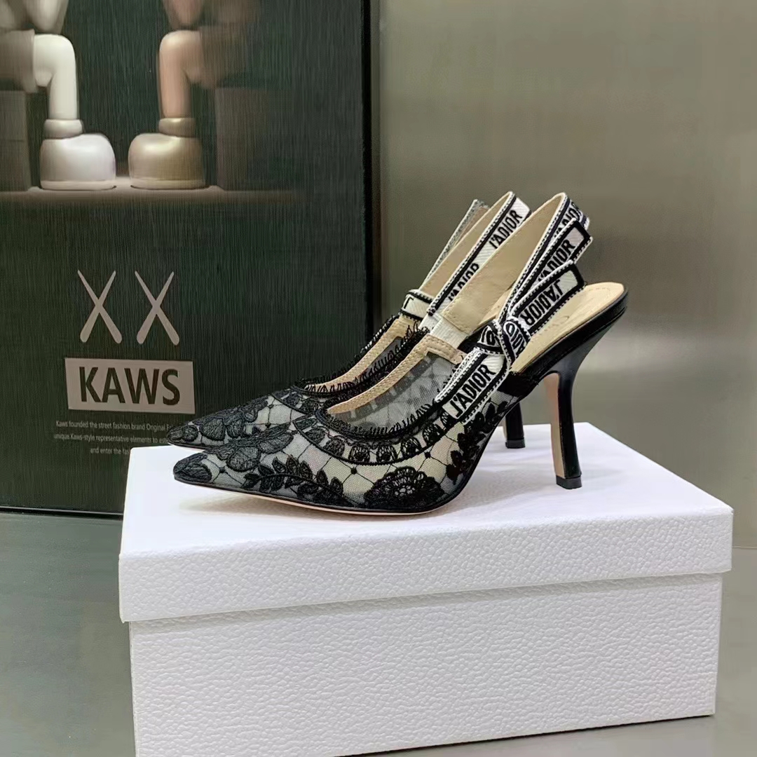 Dior Women Shoes J’Adior Slingback Pump Black Transparent Mesh Embroidered Roses Motif