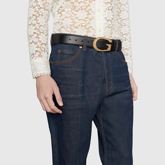 G*u*i gg unisex belt with g buckle black leather 4 cm width