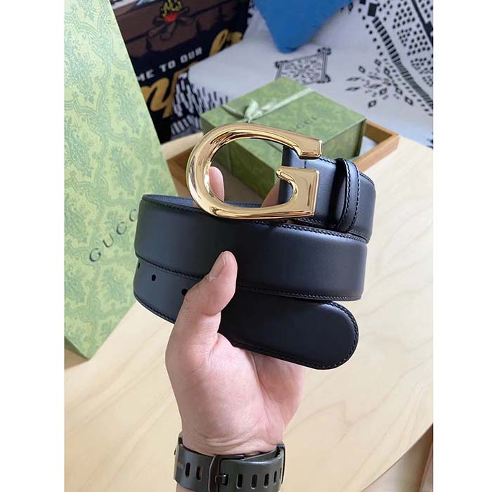 G*u*i gg unisex belt with g buckle black leather 4 cm width