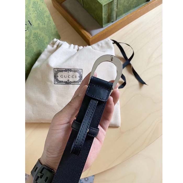 G*u*i gg unisex thin belt with g buckle black leather 3 cm width