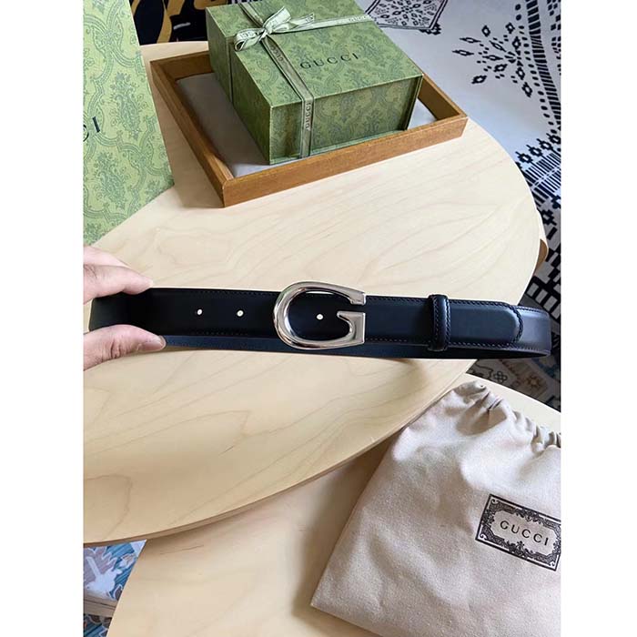 G*u*i gg unisex thin belt with g buckle black leather 3 cm width