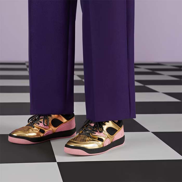 G*u*i unisex basket sneaker gold metallic leather pink rubber low 3.3 cm heel