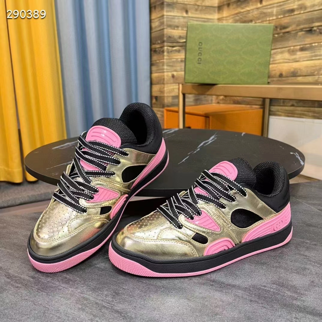 G*u*i unisex basket sneaker gold metallic leather pink rubber low 3.3 cm heel