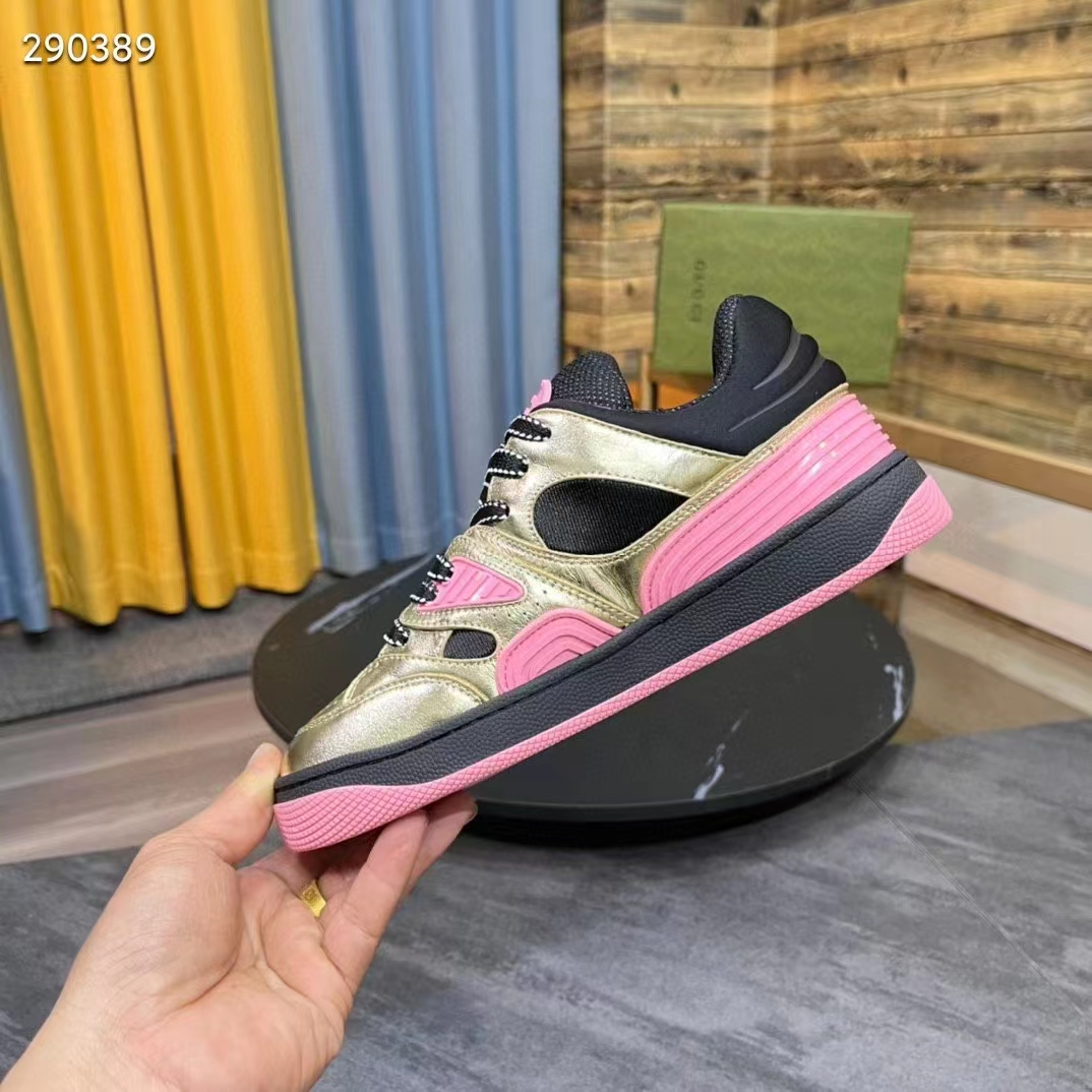 G*u*i unisex basket sneaker gold metallic leather pink rubber low 3.3 cm heel