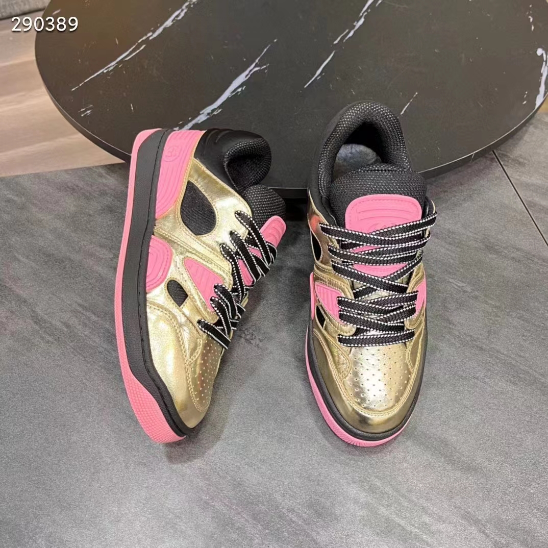 G*u*i unisex basket sneaker gold metallic leather pink rubber low 3.3 cm heel