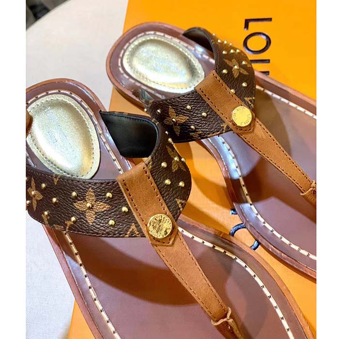 Louis Vuitton LV Sunny Flat Thong Gold Perforated Monogram Canvas Leather Outsole
