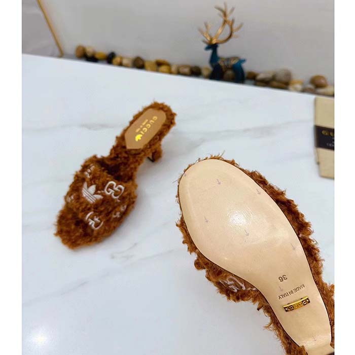 G*u*i women adidas x G*u*i slide sandal brown gg trefoil shearling-effect fabric