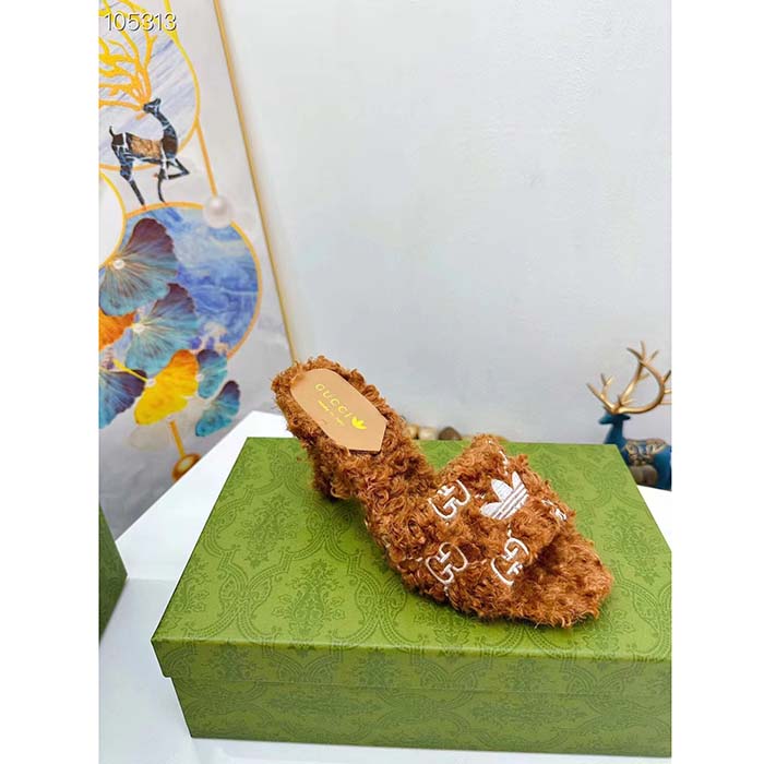 G*u*i women adidas x G*u*i slide sandal brown gg trefoil shearling-effect fabric