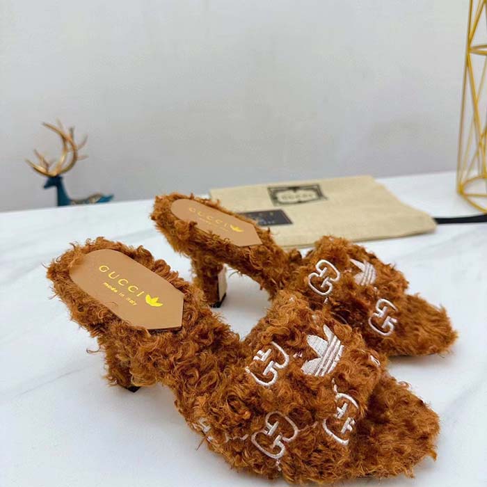 G*u*i women adidas x G*u*i slide sandal brown gg trefoil shearling-effect fabric