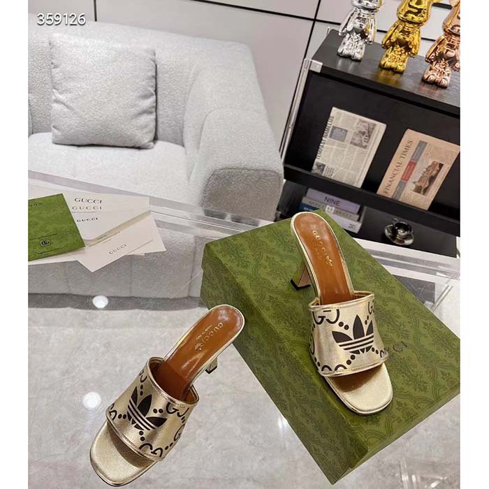 G*u*i women adidas x G*u*i slide sandal gold metallic gg trefoil smooth leather