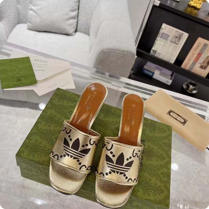 G*u*i women adidas x G*u*i slide sandal gold metallic gg trefoil smooth leather