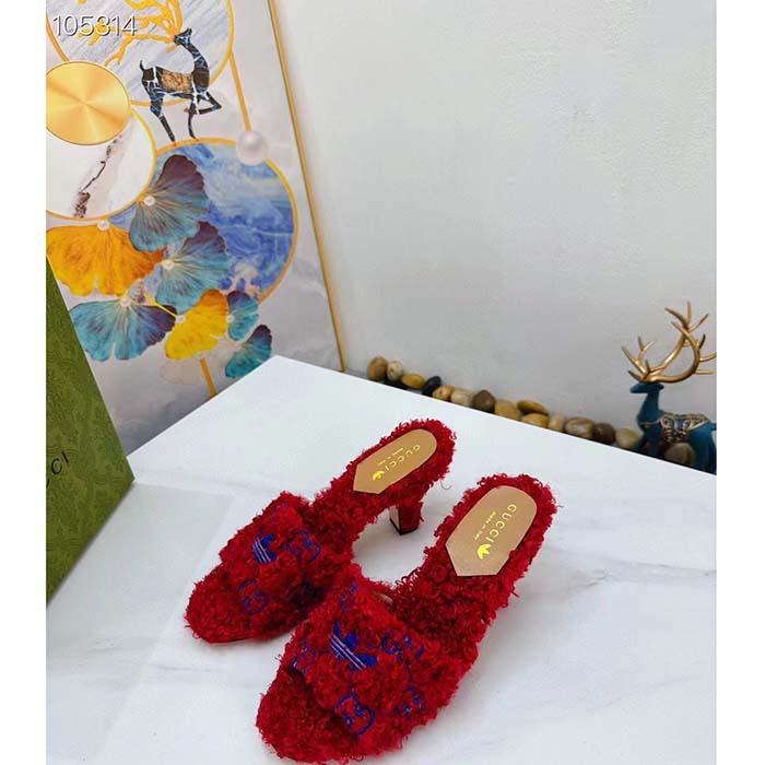 G*u*i women adidas x G*u*i slide sandal red gg trefoil shearling-effect fabric