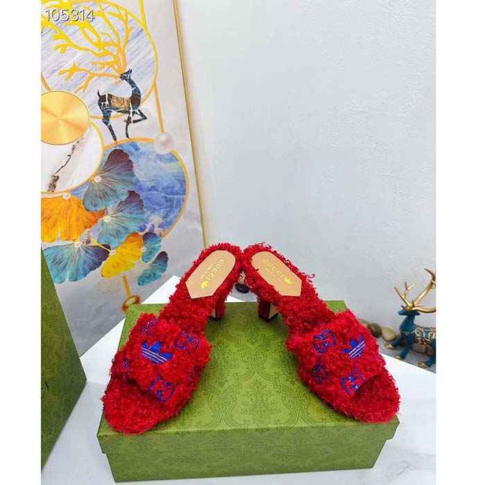 G*u*i women adidas x G*u*i slide sandal red gg trefoil shearling-effect fabric