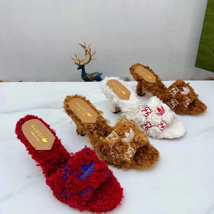 G*u*i women adidas x G*u*i slide sandal red gg trefoil shearling-effect fabric