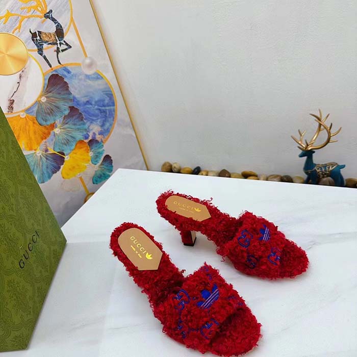 G*u*i women adidas x G*u*i slide sandal red gg trefoil shearling-effect fabric