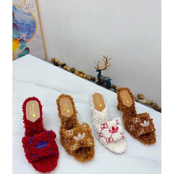 G*u*i women adidas x G*u*i slide sandal red gg trefoil shearling-effect fabric