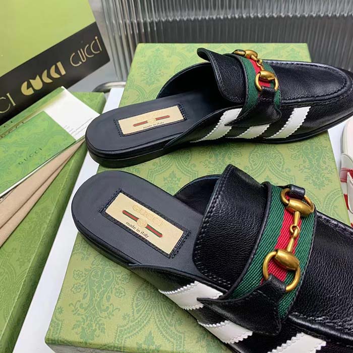 G*u*i women gg adidas x G*u*i slipper horsebit black leather flat