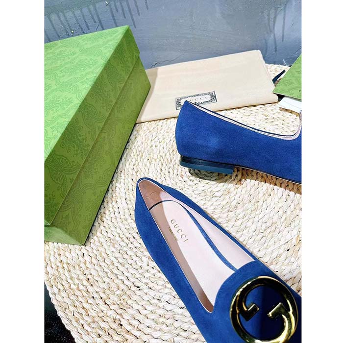 G*u*i women gg blonde ballet flat deep blue suede round interlocking g leather flat