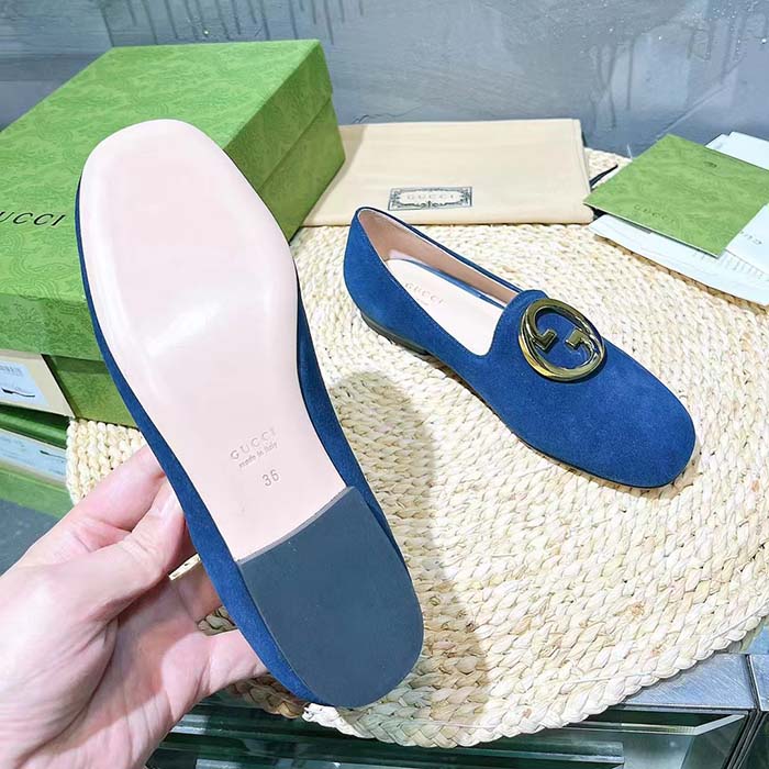G*u*i women gg blonde ballet flat deep blue suede round interlocking g leather flat