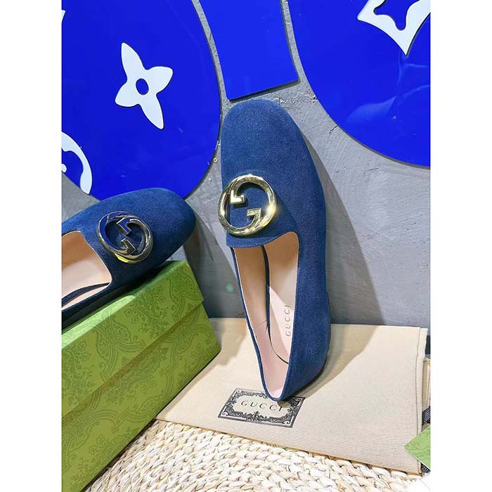 G*u*i women gg blonde ballet flat deep blue suede round interlocking g leather flat