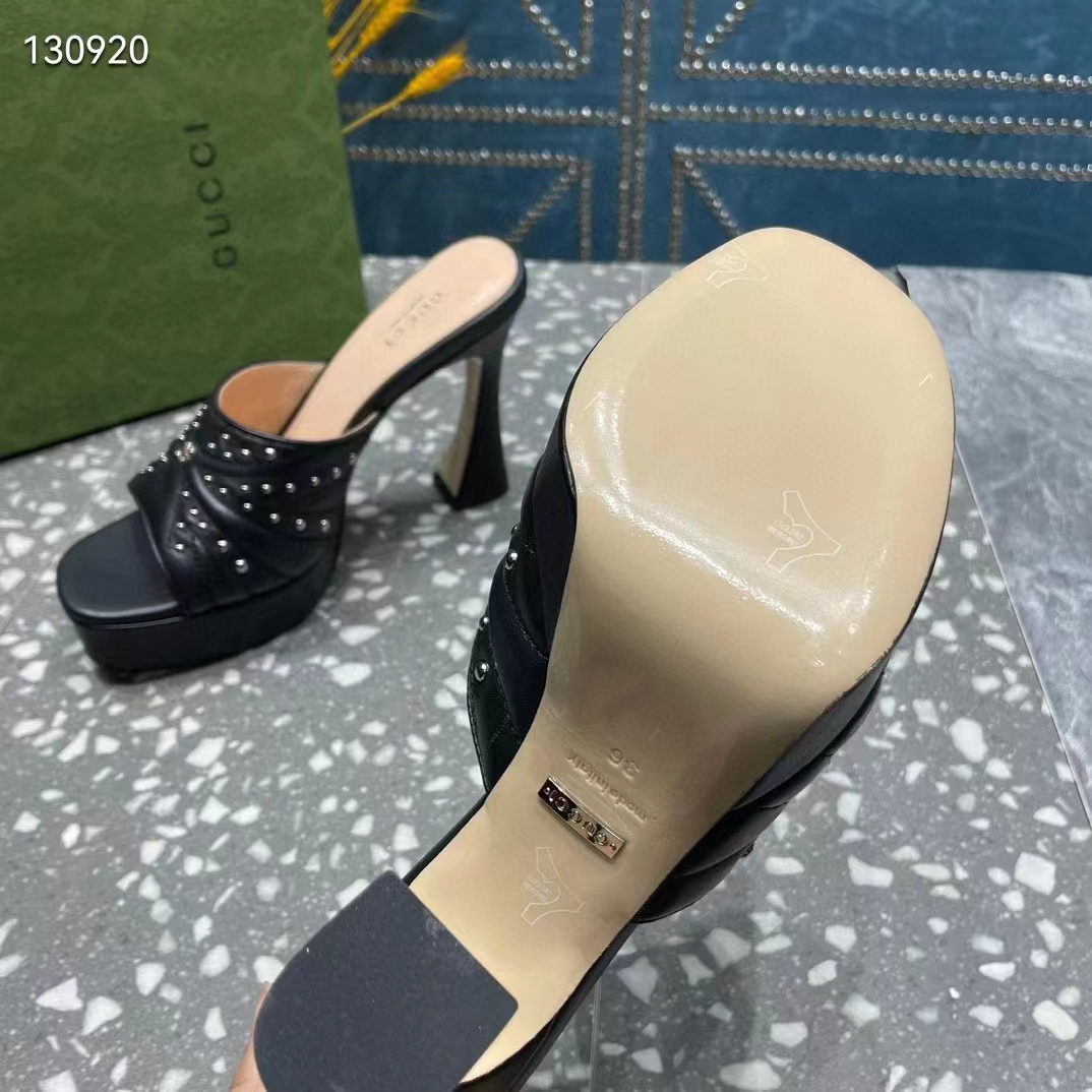 G*u*i women gg heeled slide sandals black leather studs spool high 15 cm heel