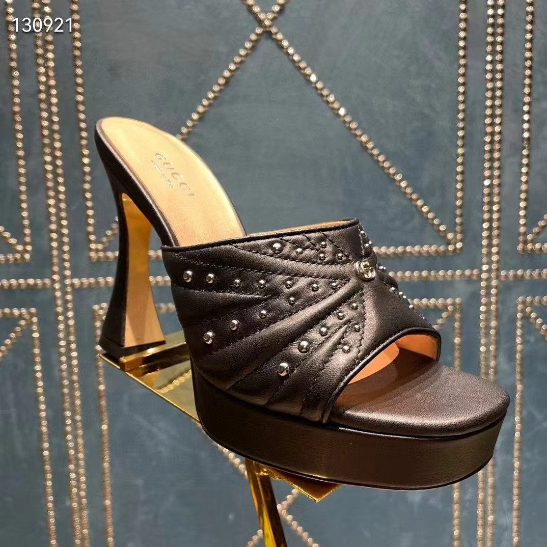 G*u*i women gg heeled slide sandals black leather studs spool high 15 cm heel