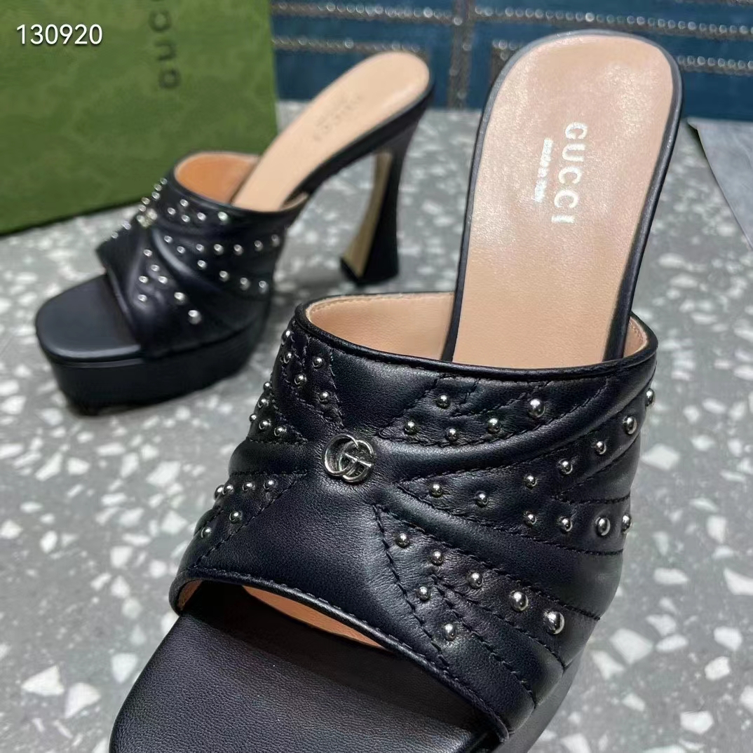 G*u*i women gg heeled slide sandals black leather studs spool high 15 cm heel