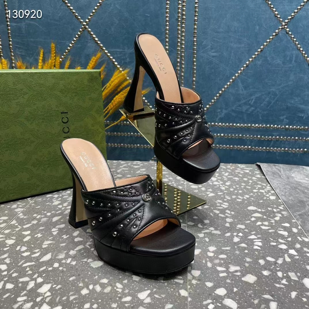 G*u*i women gg heeled slide sandals black leather studs spool high 15 cm heel