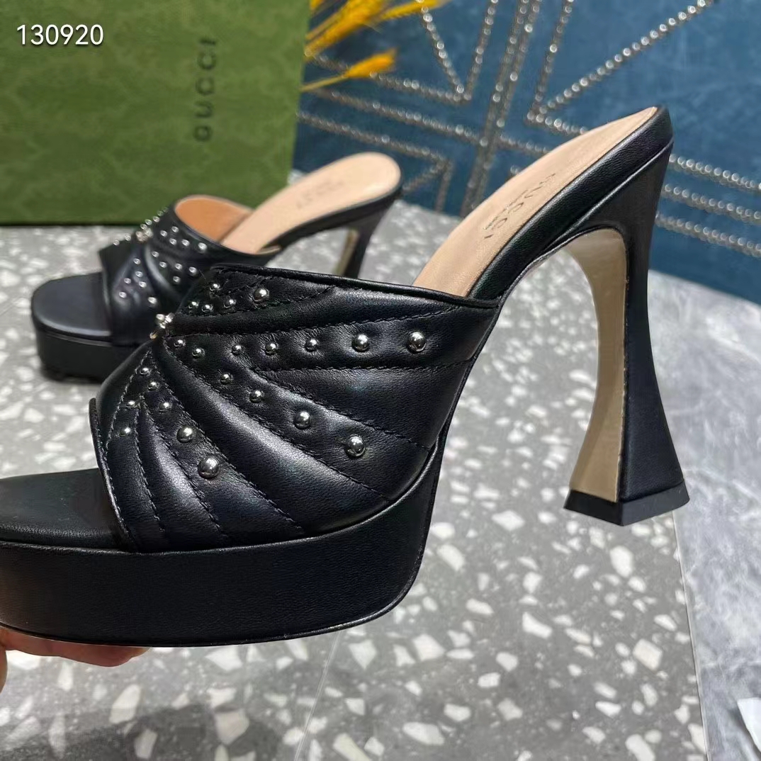 G*u*i women gg heeled slide sandals black leather studs spool high 15 cm heel
