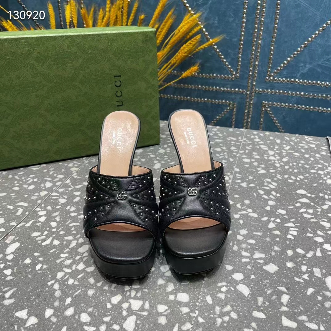 G*u*i women gg heeled slide sandals black leather studs spool high 15 cm heel