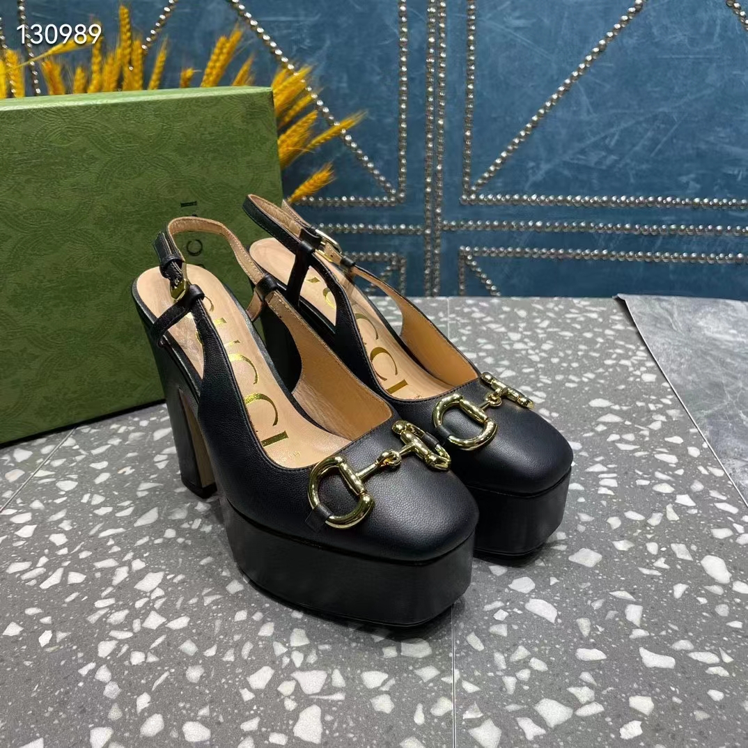 G*u*i women gg high heel pump horsebit black leather sole 12 cm heel