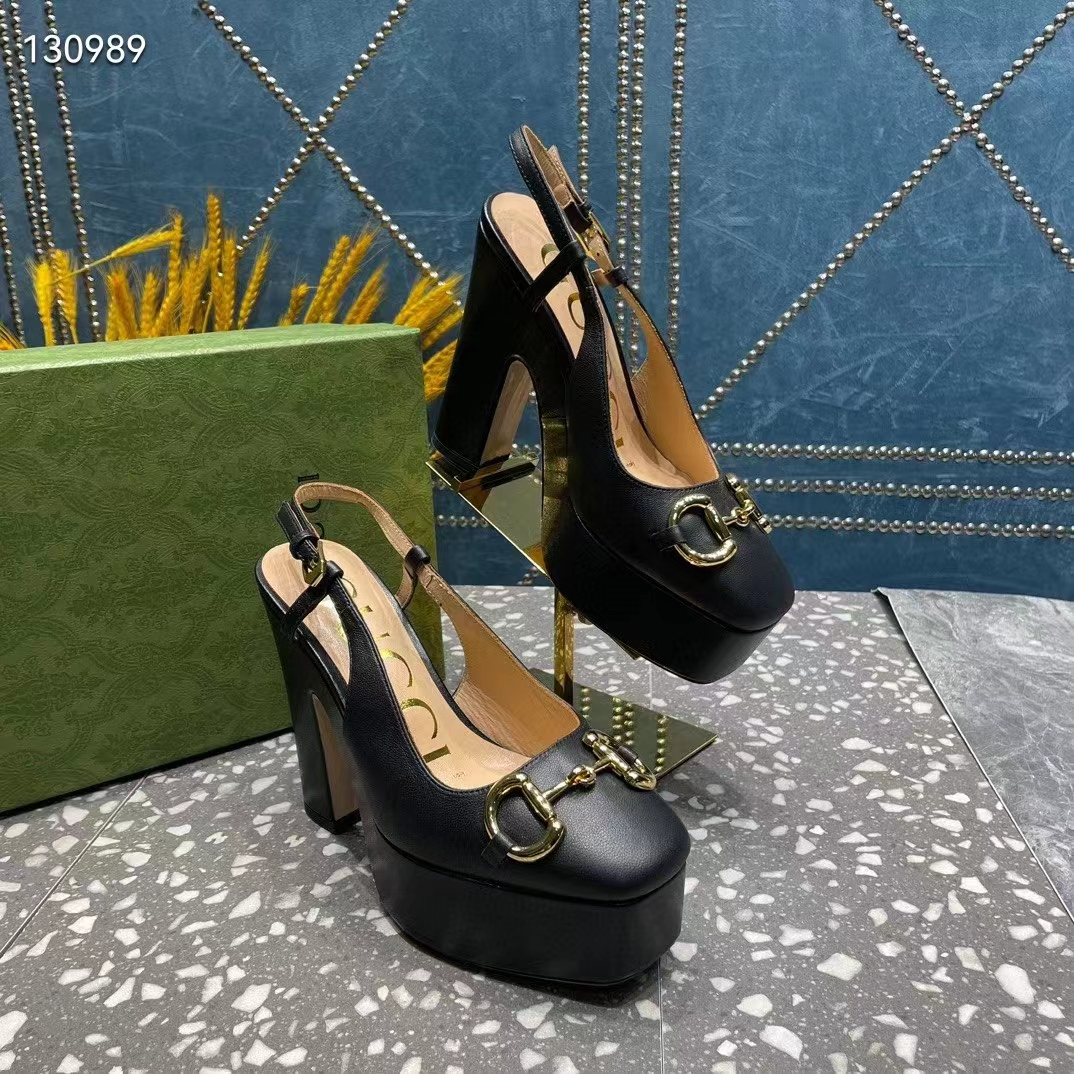 G*u*i women gg high heel pump horsebit black leather sole 12 cm heel