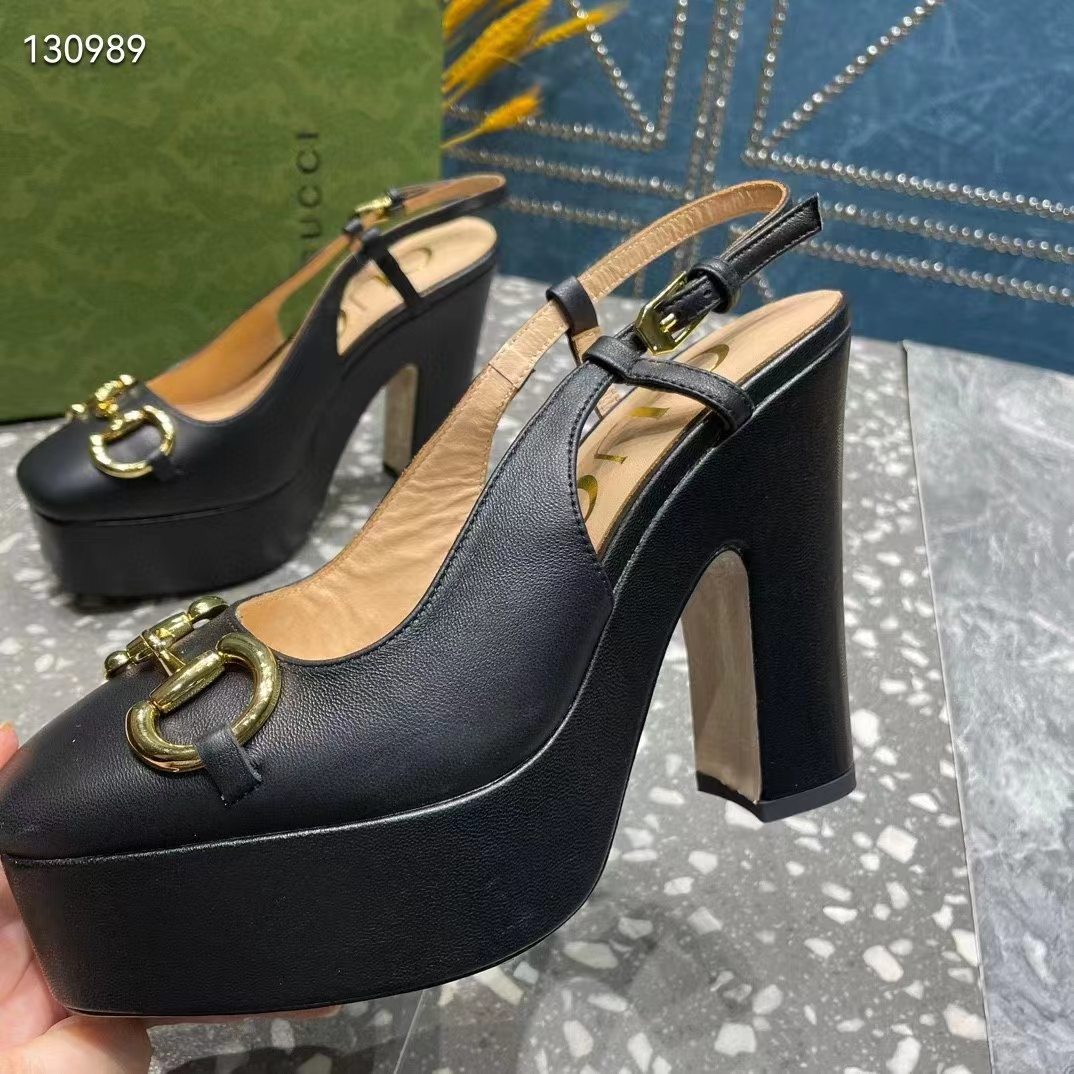 G*u*i women gg high heel pump horsebit black leather sole 12 cm heel