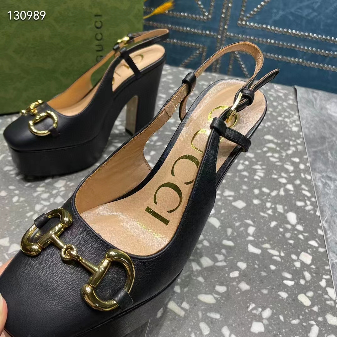 G*u*i women gg high heel pump horsebit black leather sole 12 cm heel