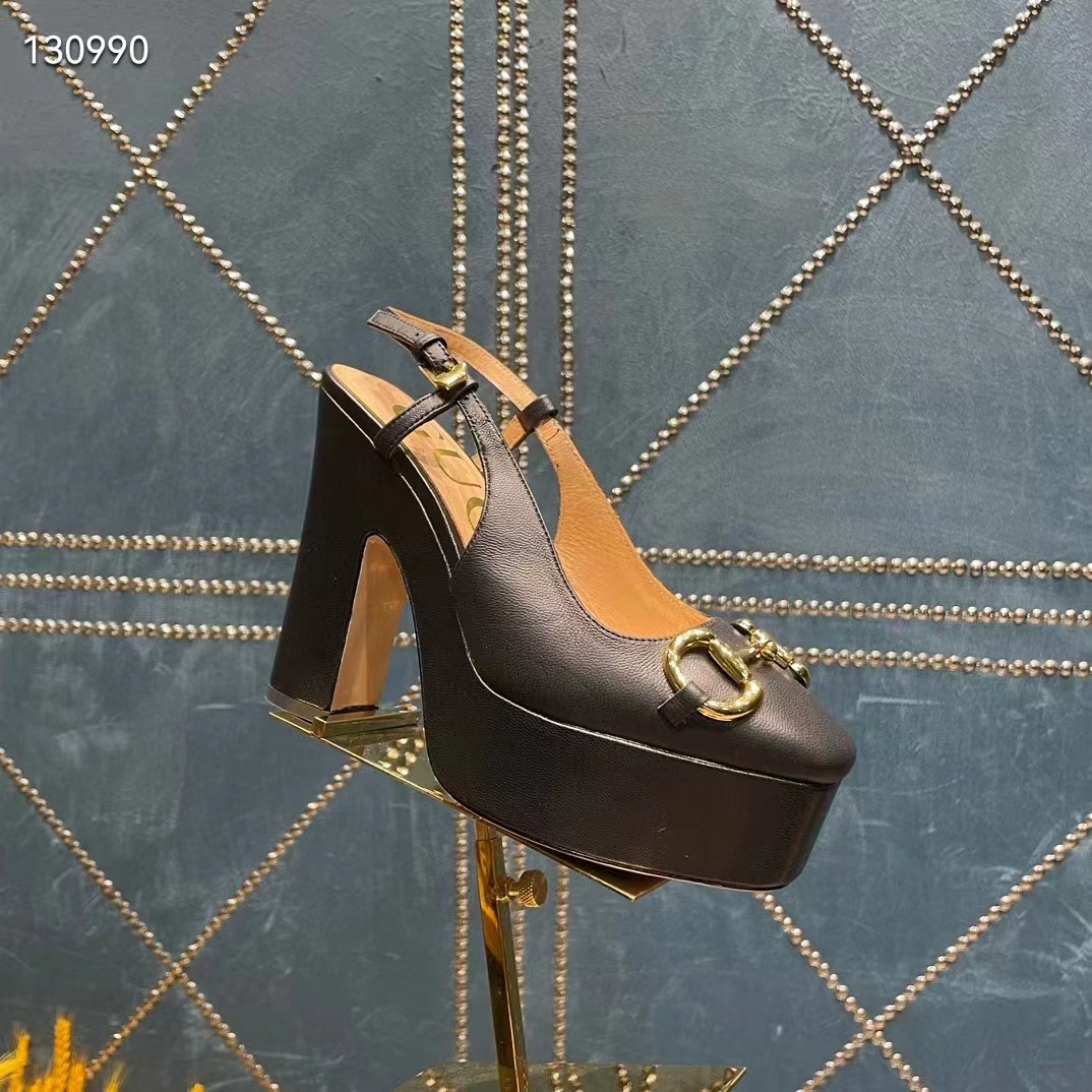 G*u*i women gg high heel pump horsebit black leather sole 12 cm heel