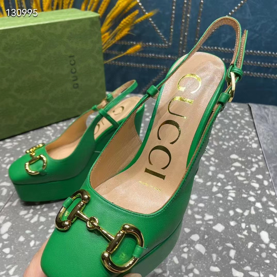 G*u*i women gg high heel pump horsebit green leather sole 12 cm heel