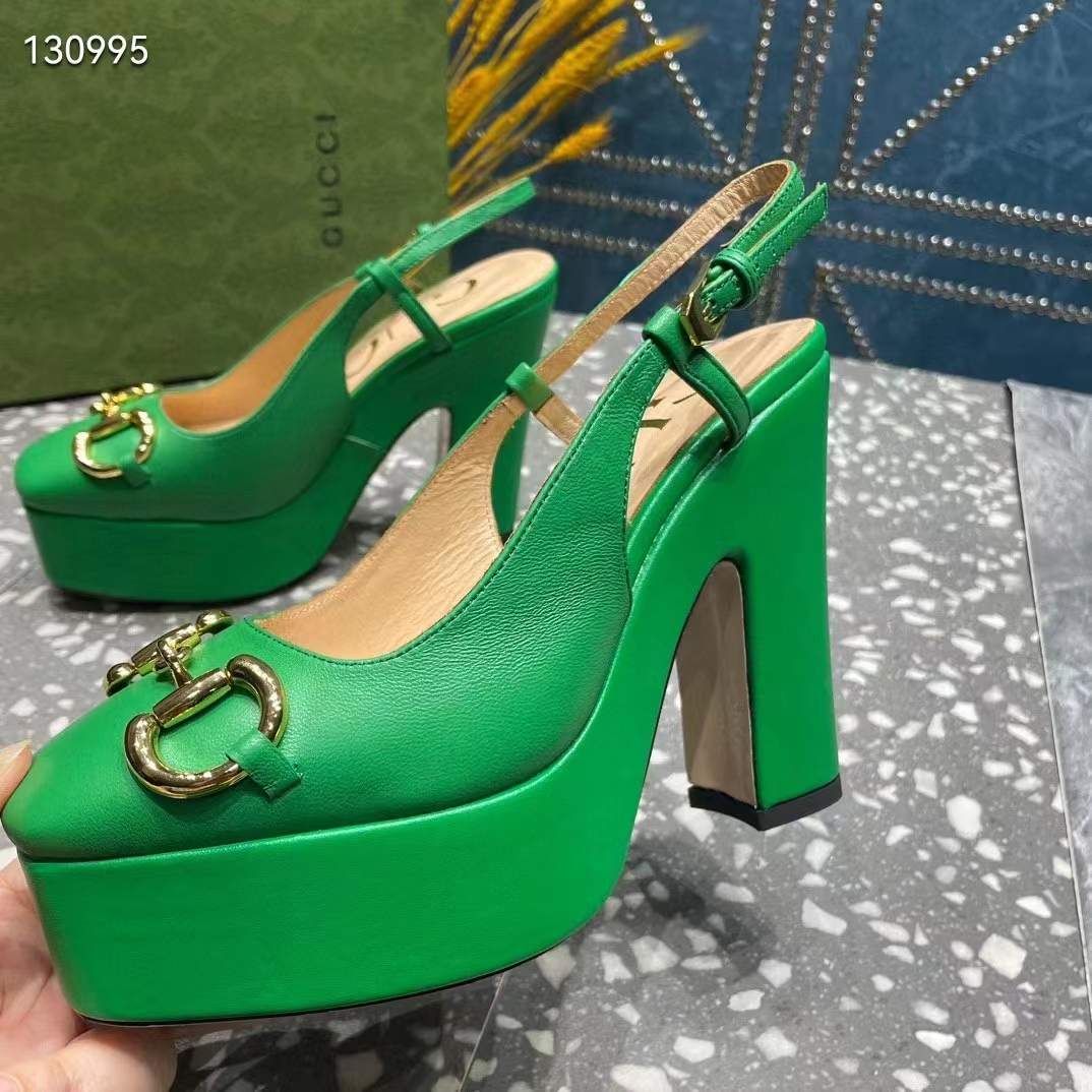 G*u*i women gg high heel pump horsebit green leather sole 12 cm heel