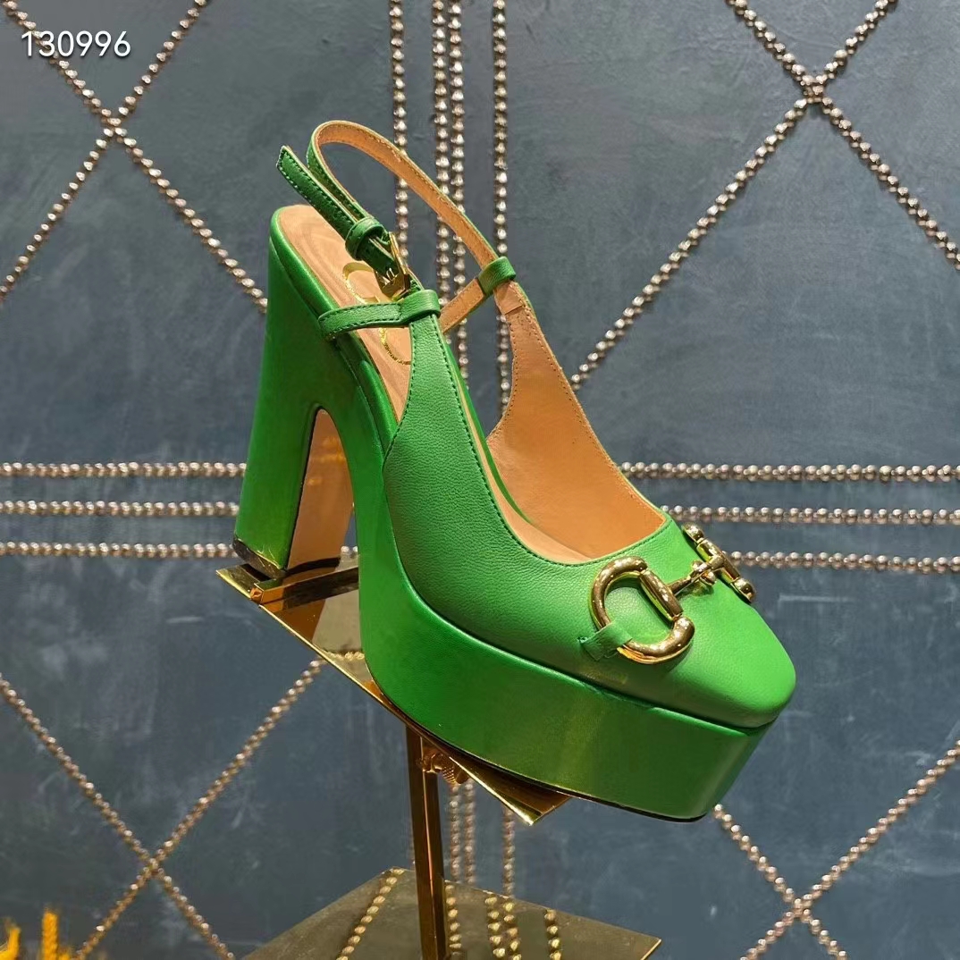 G*u*i women gg high heel pump horsebit green leather sole 12 cm heel