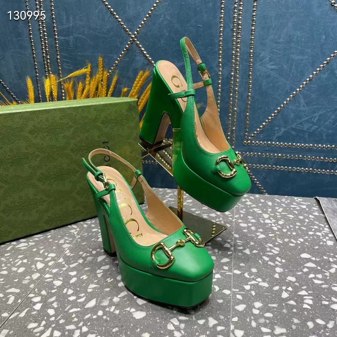 G*u*i women gg high heel pump horsebit green leather sole 12 cm heel