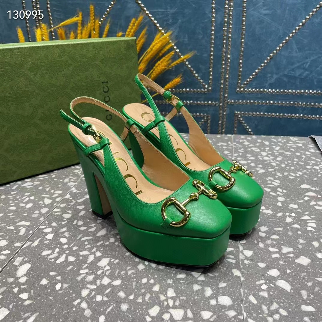 G*u*i women gg high heel pump horsebit green leather sole 12 cm heel
