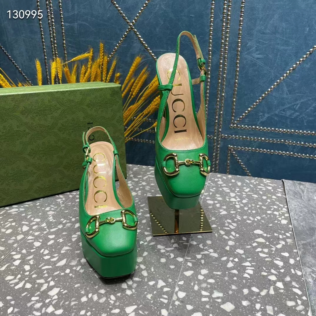 G*u*i women gg high heel pump horsebit green leather sole 12 cm heel