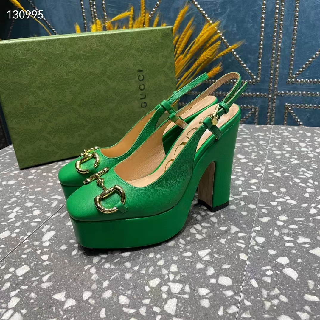 G*u*i women gg high heel pump horsebit green leather sole 12 cm heel