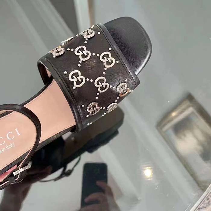 G*u*i women gg interlocking g studs sandal black leather mid 8 cm heel