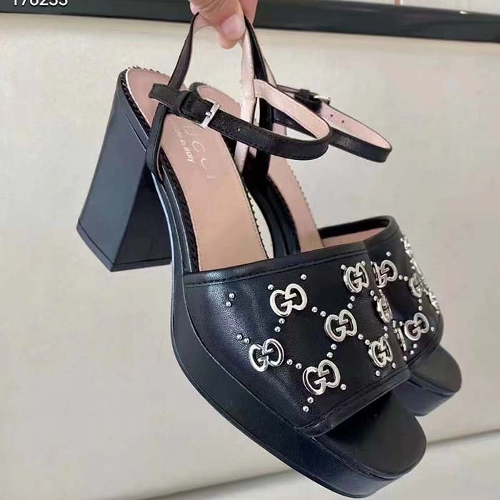 G*u*i women gg interlocking g studs sandal black leather mid 8 cm heel